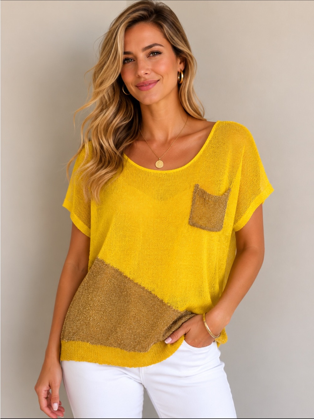 Yellow knit top with metallic accent